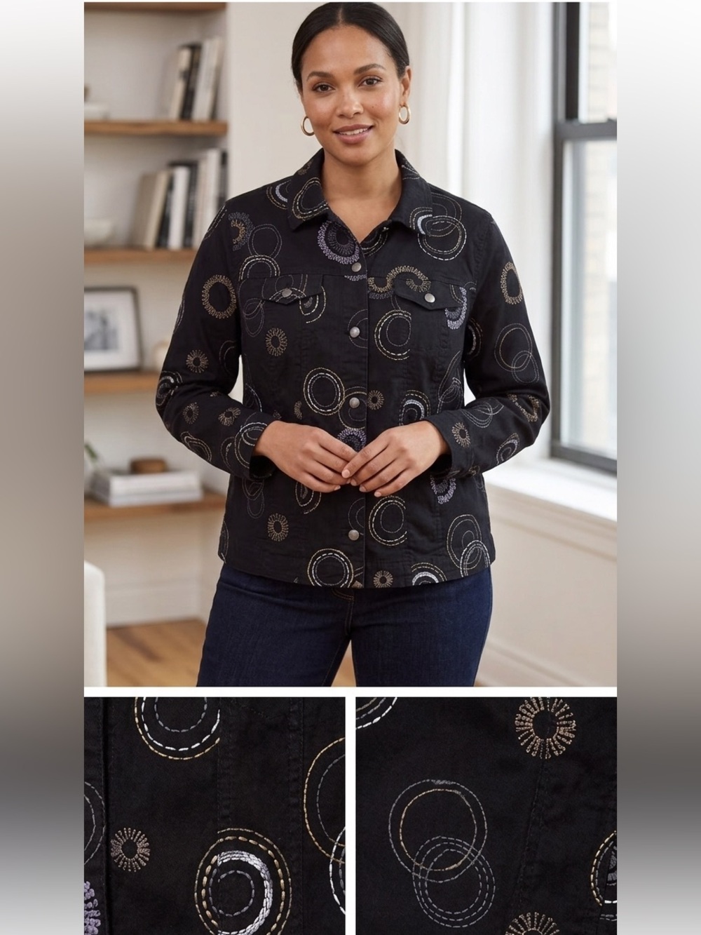 JM Collection Black Gray Gold White Jacket with Circular Patterns 18w